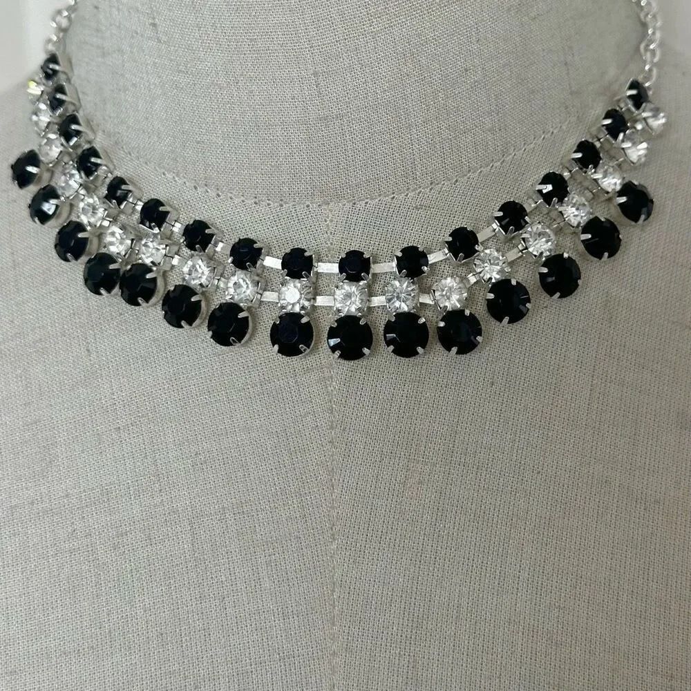 Black beaded rhinestone silver tone choker necklace